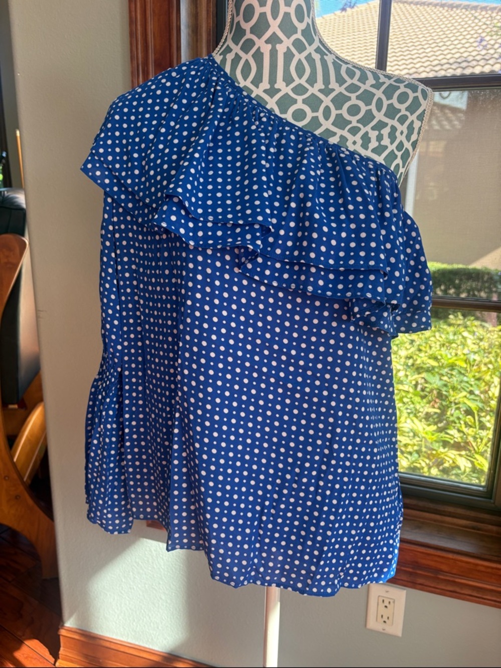 Michael Kors Blue Polka Dot One-Shoulder Ruffle Tunic